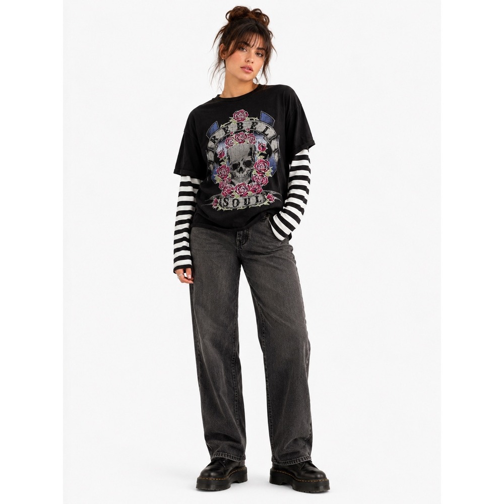Stitch & Pine Graphic Tee Womens Large Black Layered Striped Rebel Soul Grunge